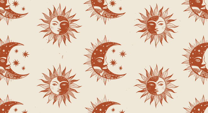 Vibrant celestial pattern with suns and moons on beige background