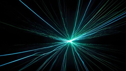 Vibrant blue and green light streaks radiating from central point in dark space