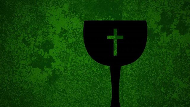 At start black chalice staying centered while green grunge backdrop shifting textures, showing logo