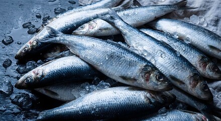 Obraz premium Close-up of fresh sardines fish arranged on a dark surface