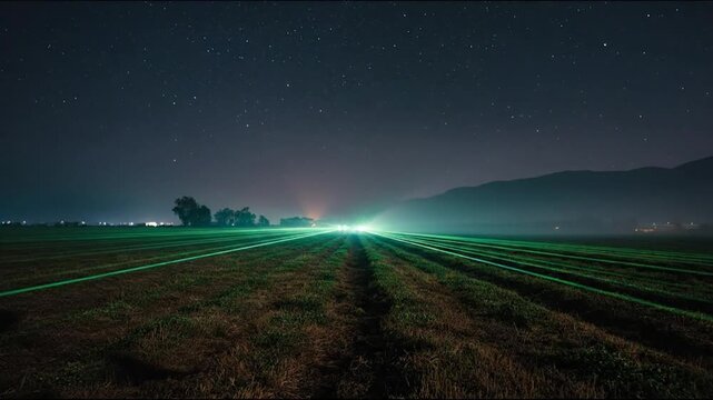 A surreal night landscape with a vibrant green light illuminating a field path under a starry sky, leading towards an unknown destination