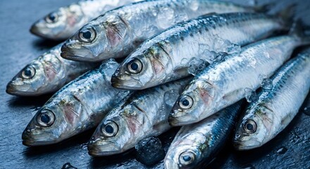 Obraz premium Pile of fresh raw sardines fish on a dark background