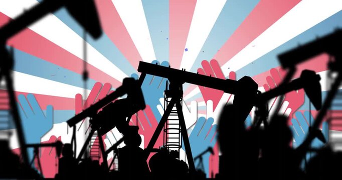 Loop starting central pumpjack rocking, layered hands rising over sunburst, showing industry rhythm