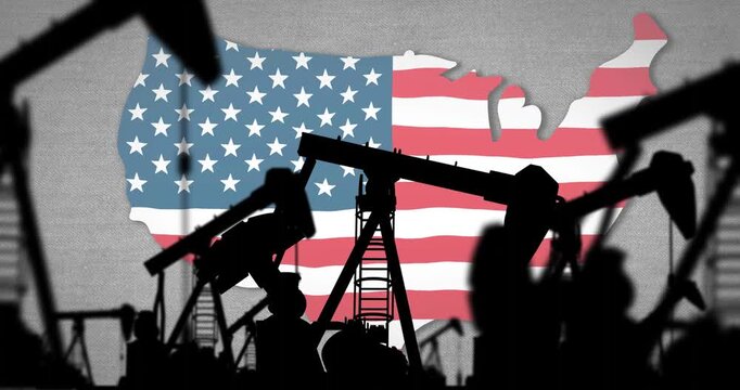 Pan starting rigs nodding, central ladder pumpjack leading, flag map rising or fading, showing oil