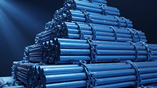 The image shows a large stack of blue dynamite sticks, tightly bundled with wires. The dynamite is arranged in a pyramid shape against a dark backdrop.