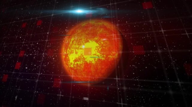 HUD fading in, initiating scan while fiery orange sphere rotating and camera pulling back left