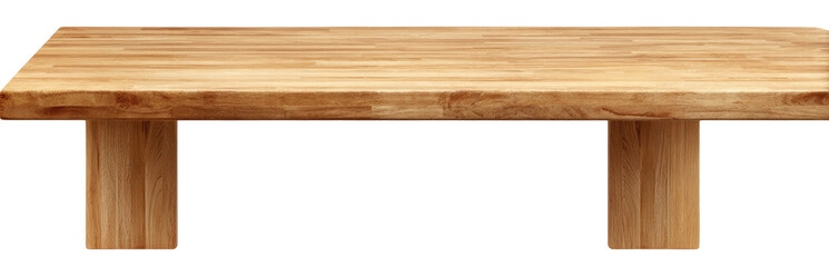 A rectangular wooden table with a light brown finish, two rectangular supports, isolated on black