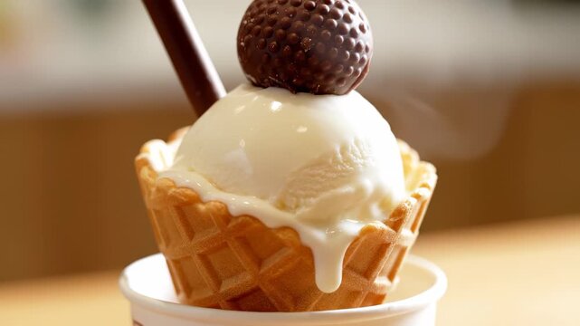 This image shows a cone filled with vanilla ice cream, topped with a chocolate-covered candy. The cone and ice cream create a classic dessert presentation with appealing colors.