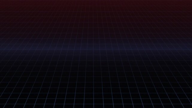 A perspective grid in blue against a dark gradient backdrop of red and black