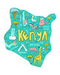 Fototapeta premium Hand Drawn Kenya Map Illustration with African Wildlife Landmarks and Safari Symbols