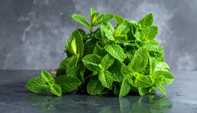 Fresh Green Mint Bunch Displayed on a Dark Grey Surface