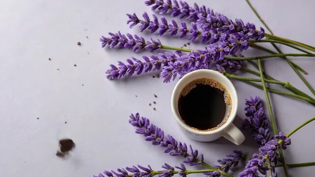 Creative mock up layout made of lavender branches with coffee cu.