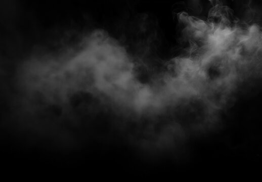 Ethereal white smoke swirls across dark mysterious black background