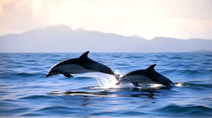 Naklejka premium The moment dolphins leap out of the sea