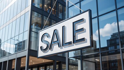 Naklejka premium Sale sign on modern glass building exterior 