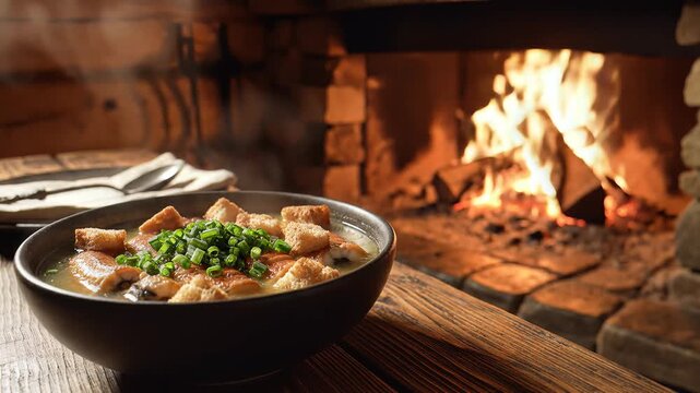 A steaming bowl of eel soup sits on a wooden table beside a roaring fireplace in a cozy cabin.