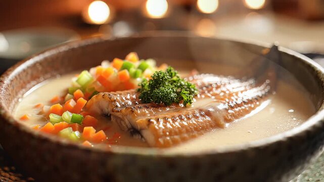 A steaming hot bowl of eel soup garnished with broccoli and vegetables served in a rustic bowl