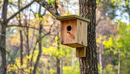Handmade Wooden Birdhouse Attached to Tree Trunk in Forest Scenery