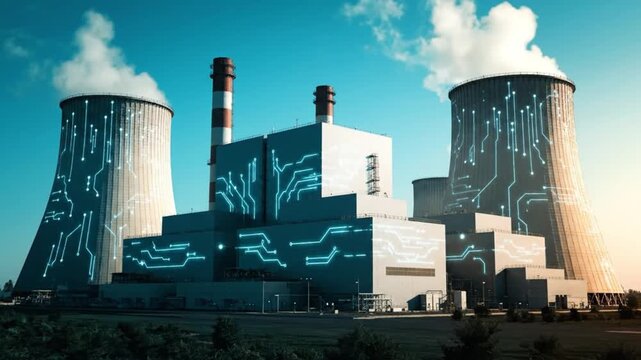 Industrial power plant featuring digital technology circuits integrated into the cooling towers depicting Smart Grid infrastructure