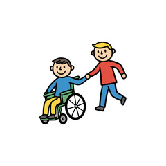 Two cartoon men, one in a wheelchair, holding hands, symbolizing support and friendship.