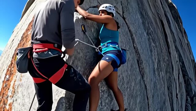 Rock Climbing Adventure: Female Climber and Male Instructor on Mountain Face