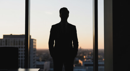 Fototapeta premium Businessman silhouette standing in office window overlooking city at sunset