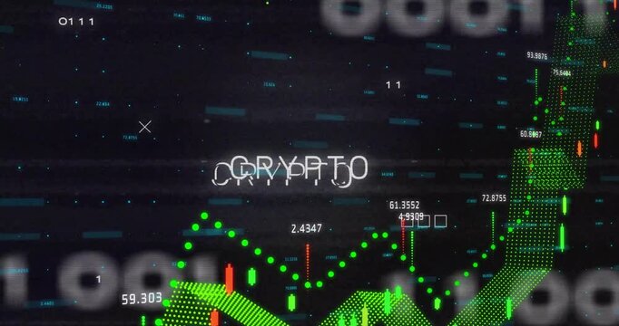 Faint CRYPTO text appearing, circuit traces flowing, dotted mesh rising visualizing price trend