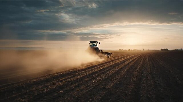 Modern tractor cultivating a wide field during a beautiful sunset, generating a noticeable dust cloud, representing the rhythm of farming life