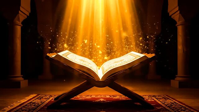 Illuminated open religious book resting on a wooden stand under brilliant divine golden light rays in a dramatic, spiritual setting emphasizing sacred scripture and revelation.