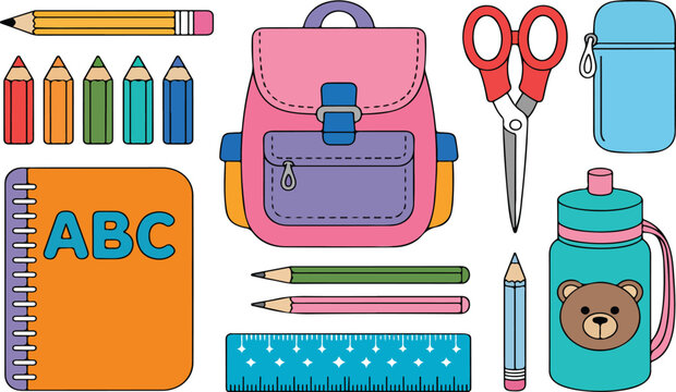 Cartoon School Supplies Vector Set &ndash; Backpack, Pencils, Books, and Stationery