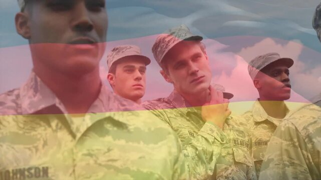 Military unit standing ranks reciting while anthem starting flag-like overlay drifting over chests