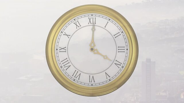 On play gold clock hands rotating clockwise across face, showing time passing over hazy skyline