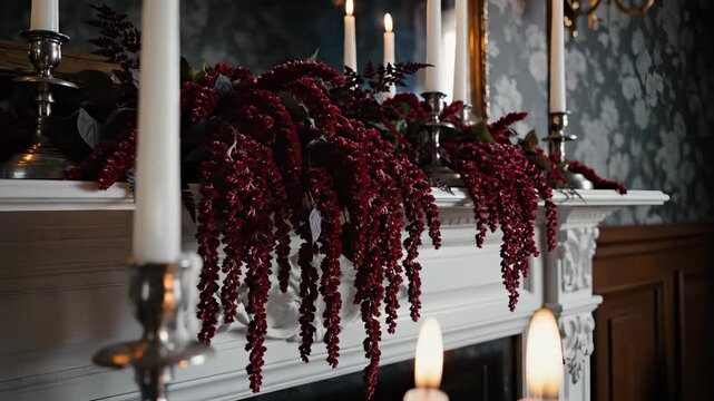 The mantle features a decorative arrangement of red flowers and candles. The red flowers are complemented by elegant candlelight, creating a warm atmosphere.