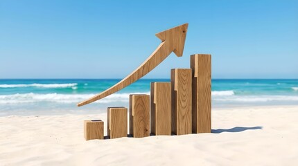 Rising Wooden Graph on White Sand Beach Summer