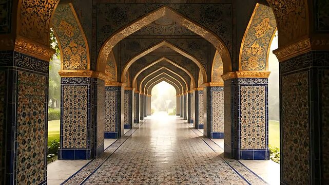 Majestic architectural perspective showcases an ornate arched corridor featuring intricate tilework and a receding pathway illuminated by bright natural light