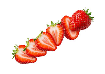 Fresh red strawberries sliced and whole arranged diagonally on white background strawberry fruit