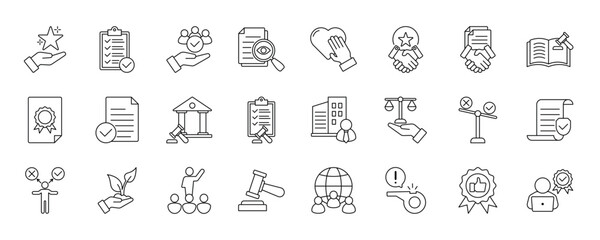 Business Ethics icon collection set. Containing values, compliance, responsibility, transparency, honesty, trust, accountability, conduct, standards, principles icon. Solid vector symbol collection.