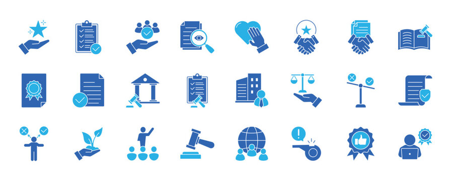 Business Ethics icon collection set. Containing values, compliance, responsibility, transparency, honesty, trust, accountability, conduct, standards, principles icon. Solid vector symbol collection.