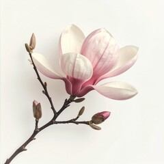 Obraz premium Close Up of Pale Pink Magnolia Blossom on Branch Against White Background