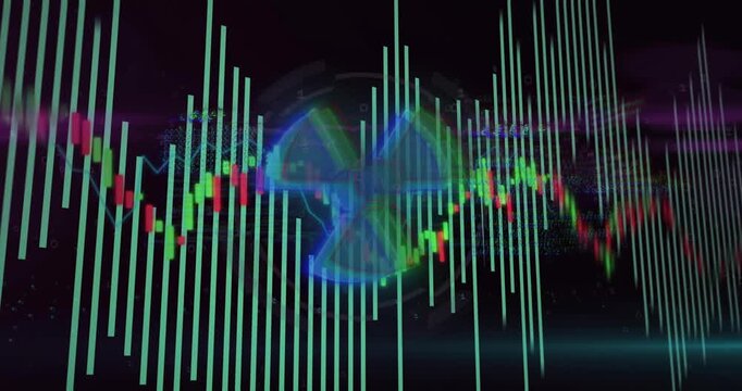 Data ping starting teal bars rising candles shifting trirotor pulsing showing market trends