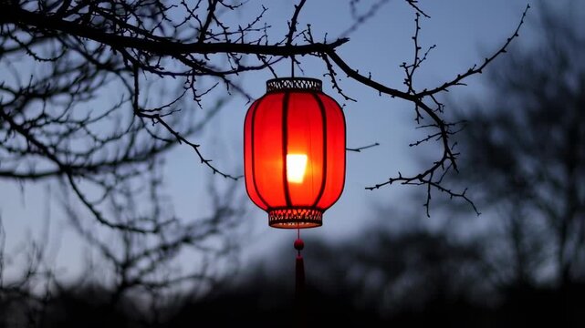 Traditional chinese lantern hanging on tree branches during twilight scene