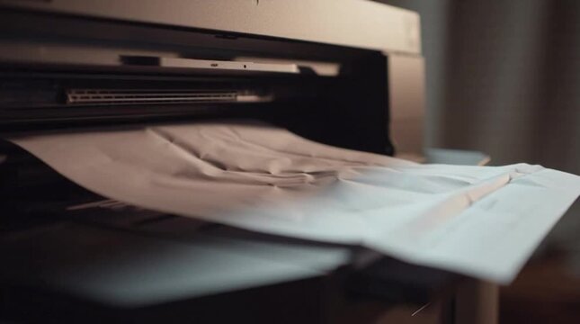 Close up of a printer malfunctioning with a crumpled piece of paper stuck in the tray. A perfect visual representation of office frustration, technical errors, and administrative hurdles.