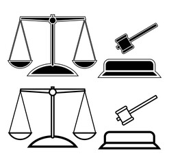 Set law scale icon, justice sign, balance scale. Gavel icon, judge gavel, auction hammer. law icon vector. 