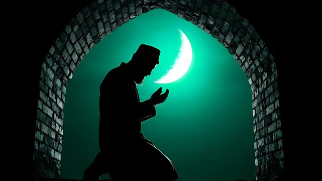 Silhouette of a devoted Muslim man kneeling in prayer beneath the bright crescent moon, embodying faith and spiritual devotion in the darkness.