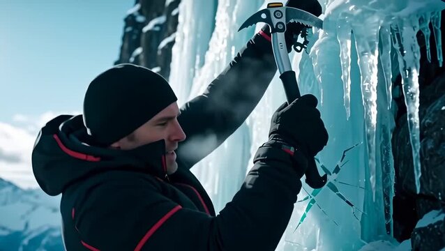Male Adventurer Climbing Ice Wall in Snowy Mountains