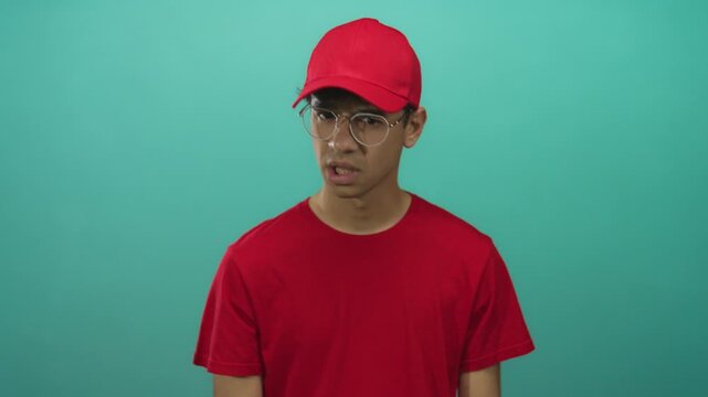 Man with red cap and red shirt and tense face furrows brow in studio over turquoise background; uncertainty.