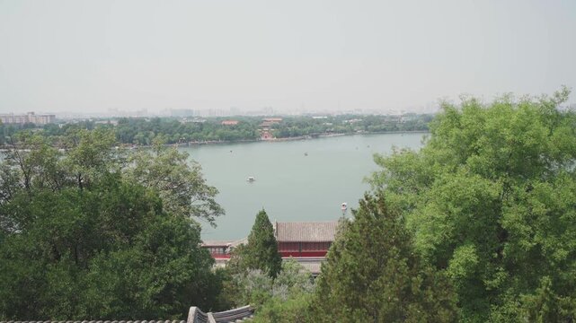 View of the white tower in Beihai Park in Beijing, China.