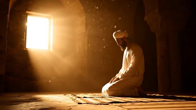 Devout Muslim man in traditional white clothing performs salah prayer kneeling on a prayer rug, bathed in dramatic, ethereal sunlight streaming powerfully through an ancient window opening.