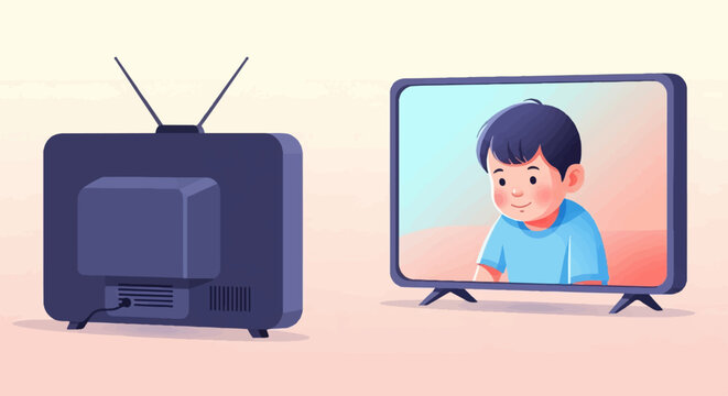 A child watches a digital television screen displaying a cartoon