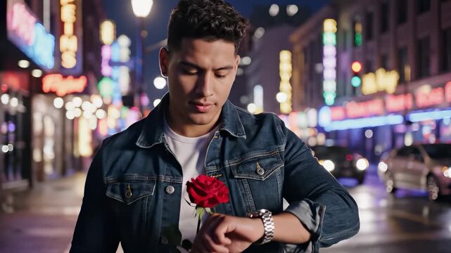 A man in a denim jacket holds a red rose while checking his watch. The bright city lights illuminate the bustling street as he waits in the dim evening atmosphere.
